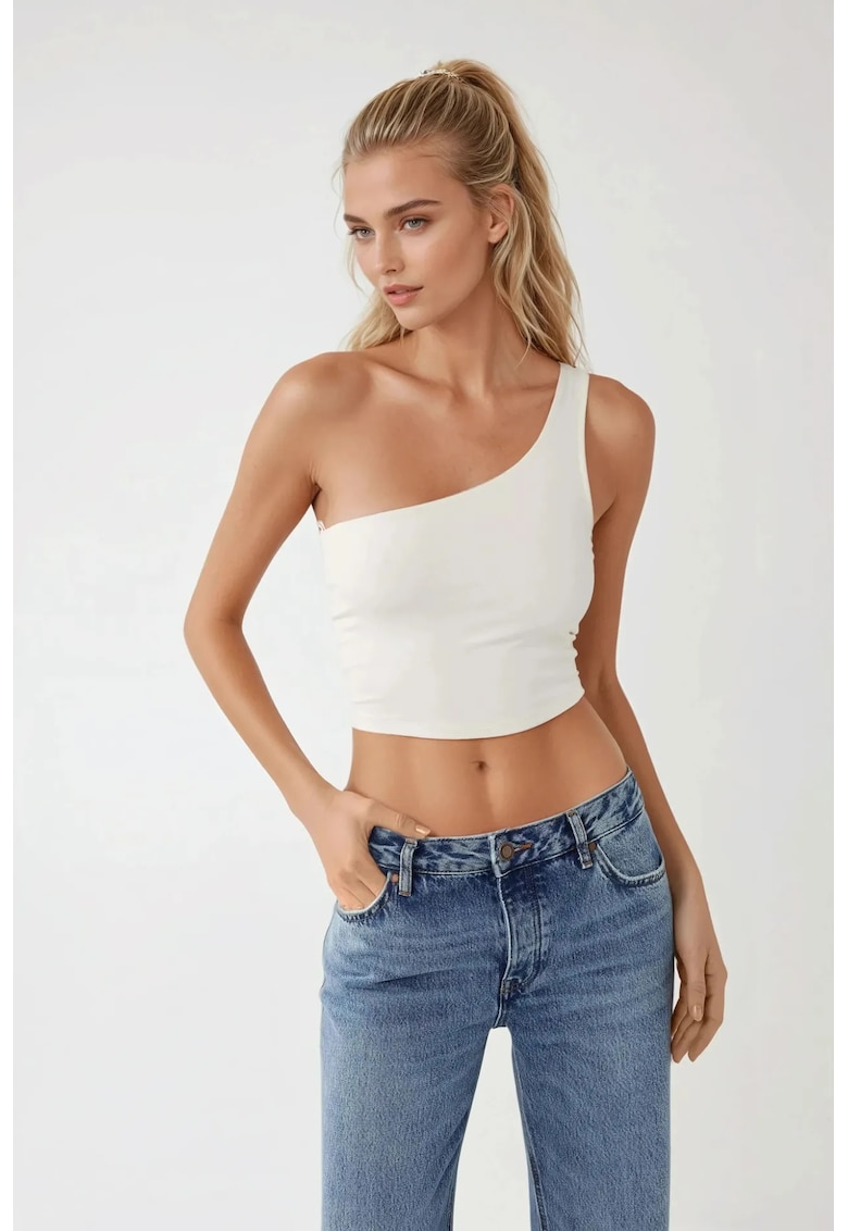 Top scurt - guler asimetric - design mulat - alb - jerseu