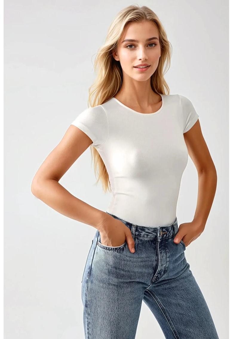 Body tricotat - guler rotund - croiala slim fit - alb - tricot