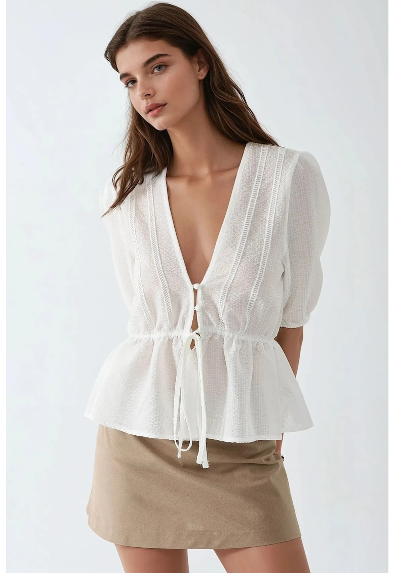 Bluze dama - bluza texturata - decolteu in V - alb - textil