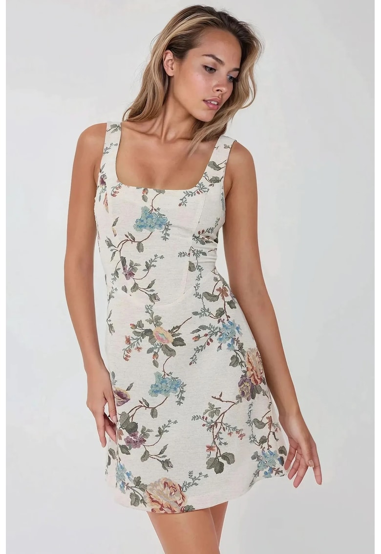 Rochie mini floral - decolteu patrat - alb - textil