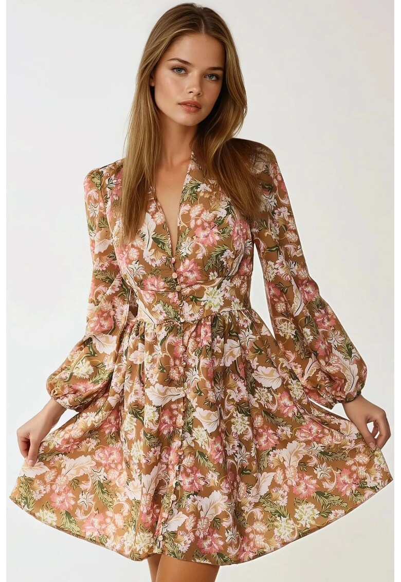 Rochie mini - decolteu in V - imprimeu floral - multicolor - textil