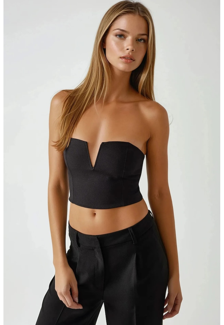 Top scurt - fara bretele - cu incretituri - negru - textil