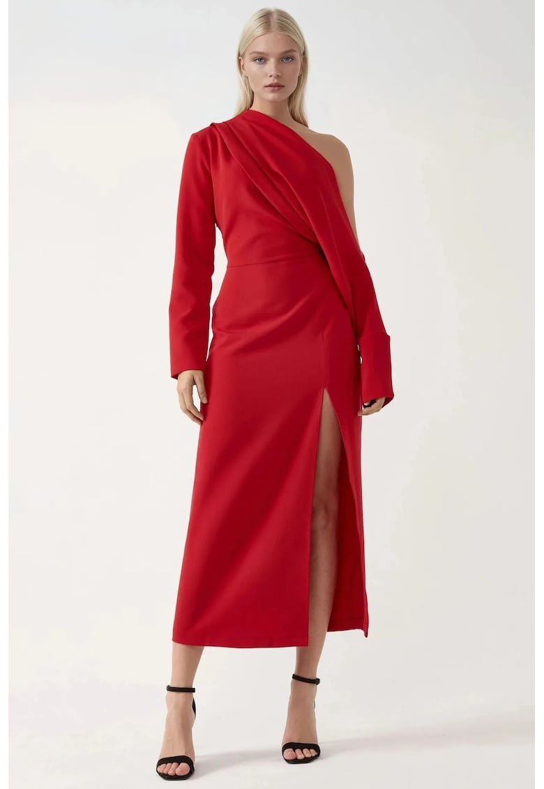 Rochie midi - guler asimetric - crapatura - rosu