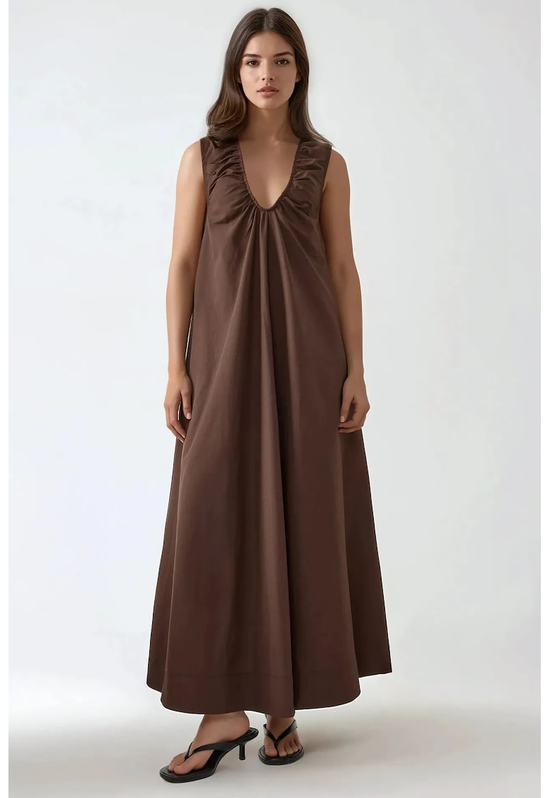 Rochie maxi - decolteu in U - maro - textil