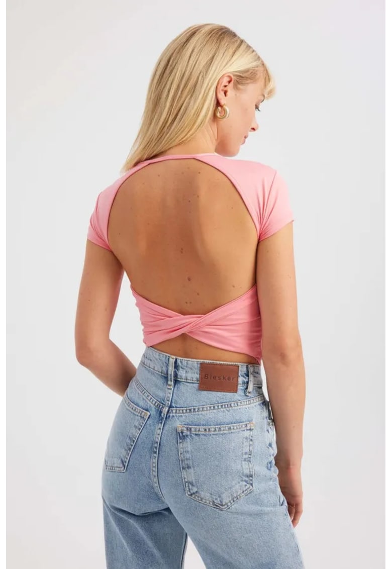 Top scurt dama - guler rotund - spate incrucisat - roz - textil