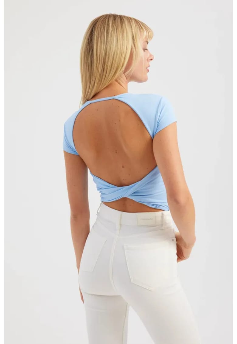 Top scurt dama - guler rotund - spate incrucisat - albastru - textil