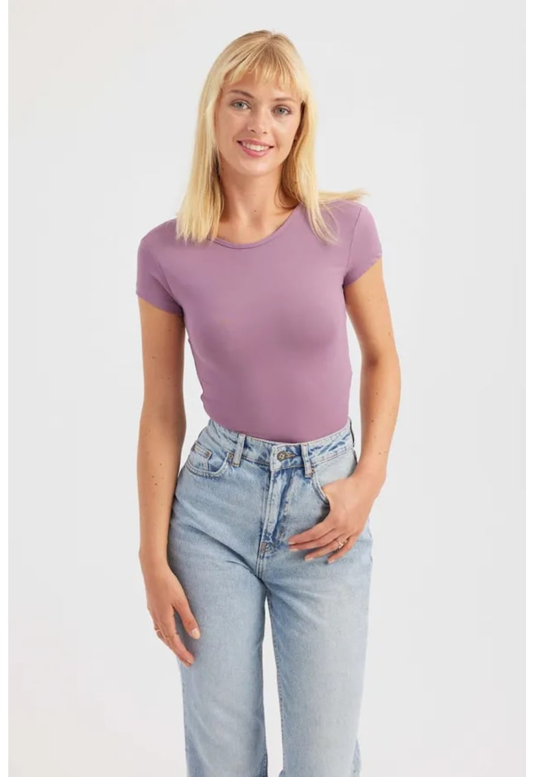 Top scurt dama - guler rotund - spate incrucisat - violet - textil