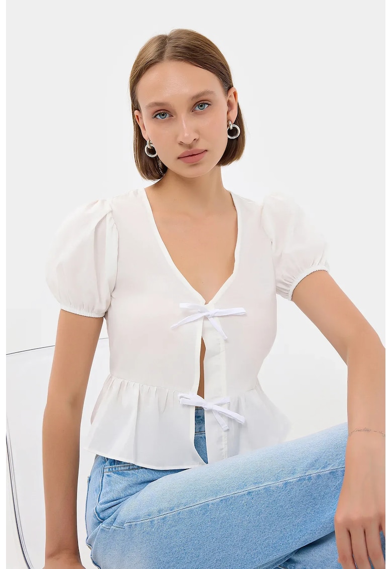 Bluza dama - maneca scurta - legaturi in fata - decolteu in V - Alb - bumbac si poliester