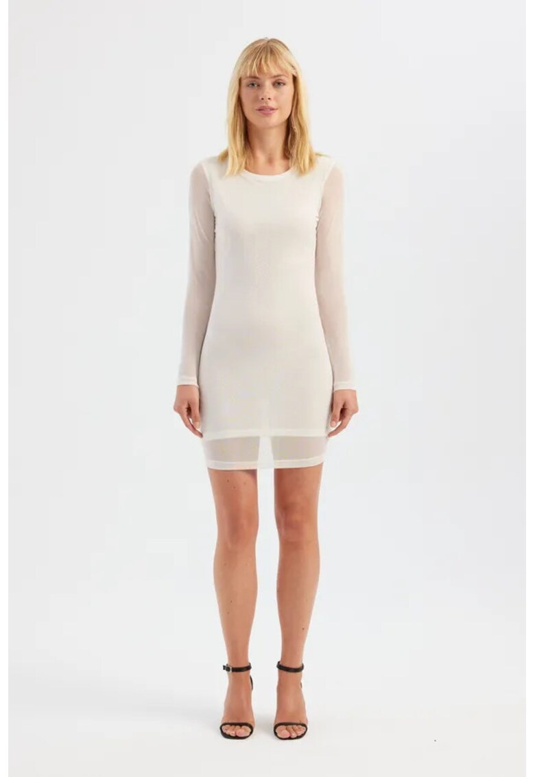 Rochie mini - maneca lunga - decolteu rotund - alb - plasa
