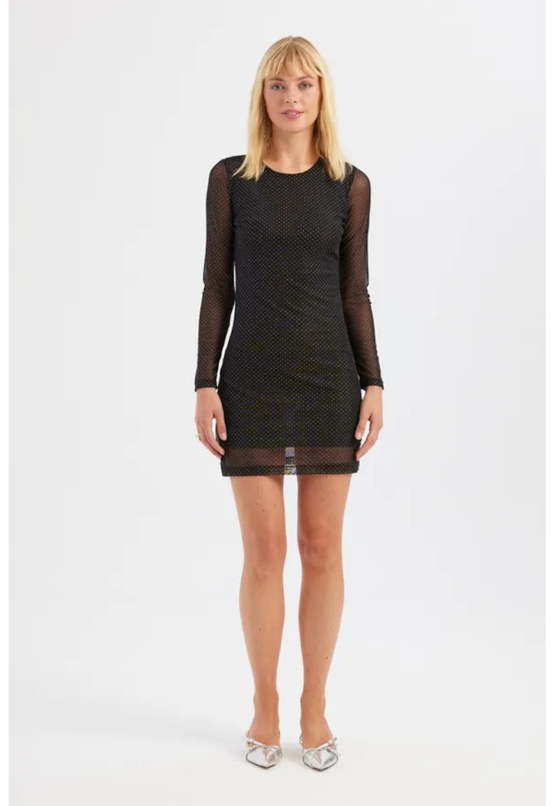 Rochie mini - maneca lunga - decolteu rotund - neagra - plasa - decoratiuni cu pietre