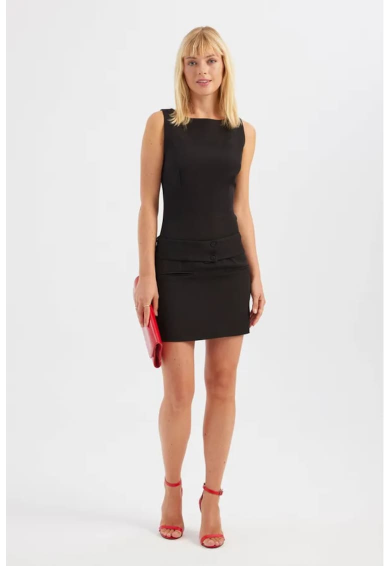 Rochie mini - decolteu tip barca - curea - negru - textil
