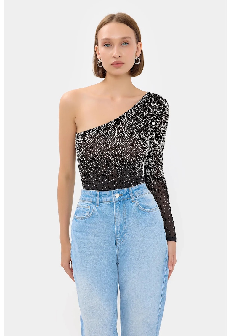 Body din plasa cu un singur umar - detalii incrustate - negru - poliester