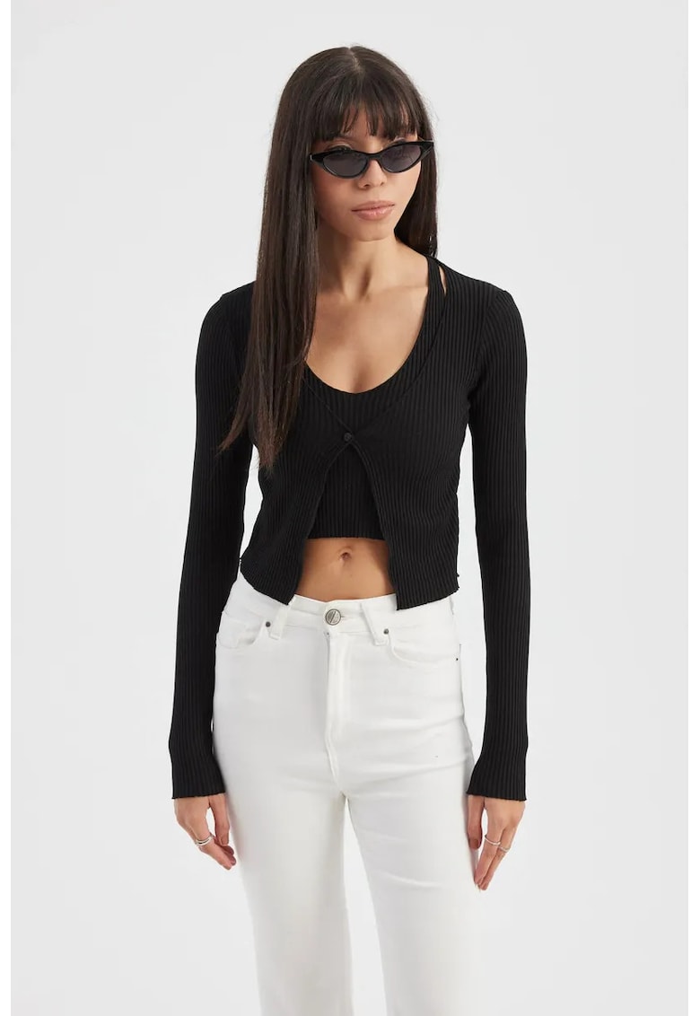 Top scurt - femei - set Twin: cardigan tricotat cu decolteu in V - maneca lunga - detaliu cu nasturi si top scurt - negru