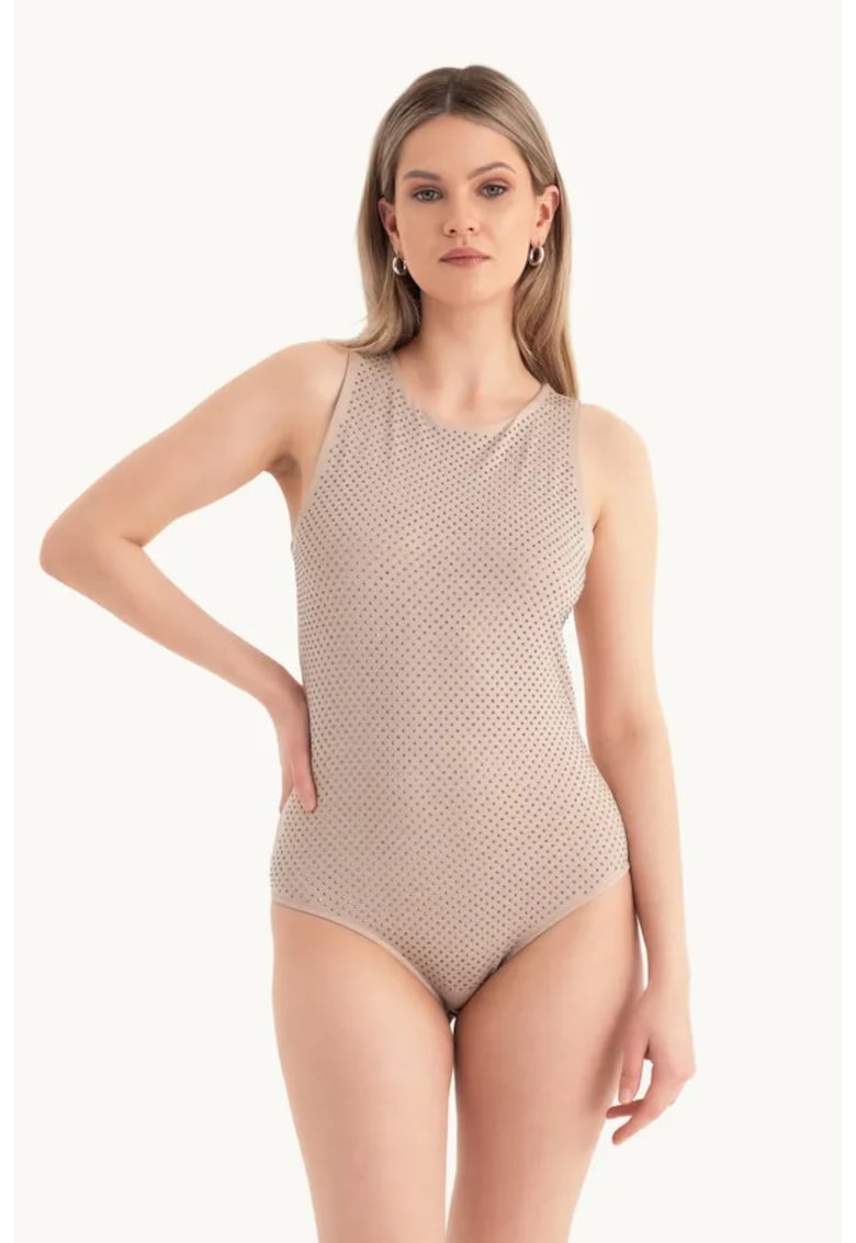Body fara maneci - decolteu rotund - decorat cu pietre - bej - jerseu