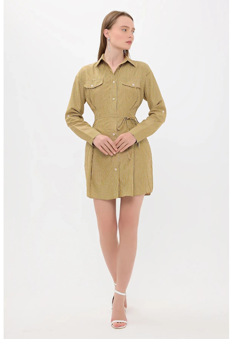 Rochie mini - cu dungi - detalii cu nasturi - verde - tesatura