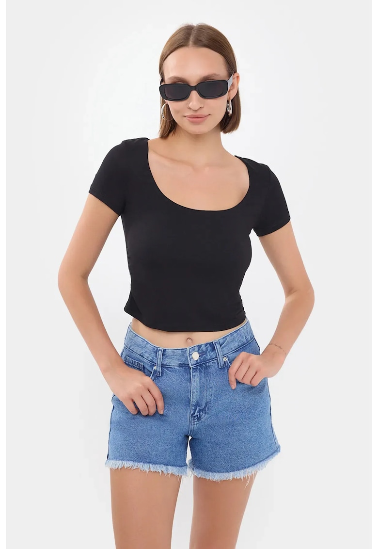 Top scurt dama - decolteu rotund - negru - jerseu