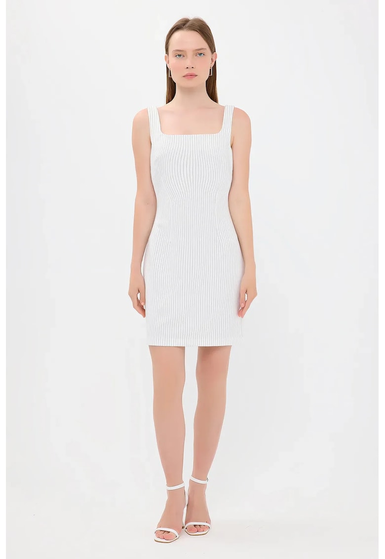 Rochie mini - fara maneci - decolteu patrat - dungi - alb - textil