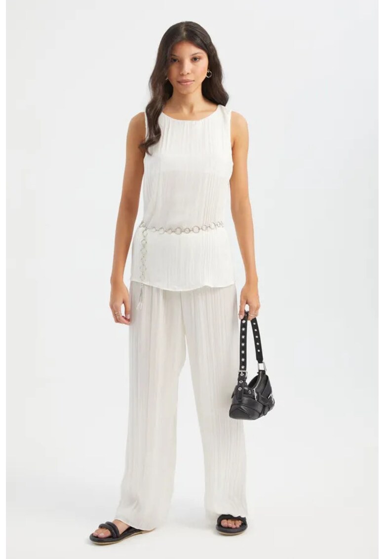 Bluza dama - plisata - decolteu rotund - curea - alb - textil