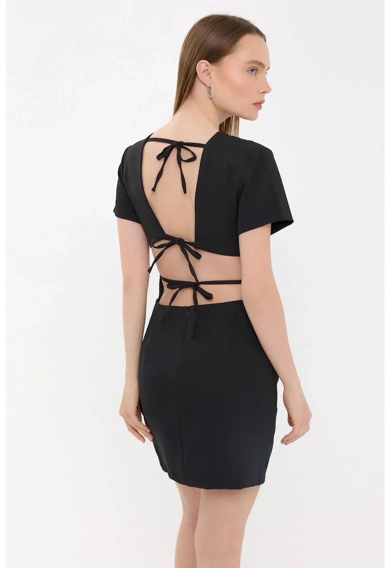 Rochie mini - Maneca scurta - Decolteu rotund - Negru - Poliester