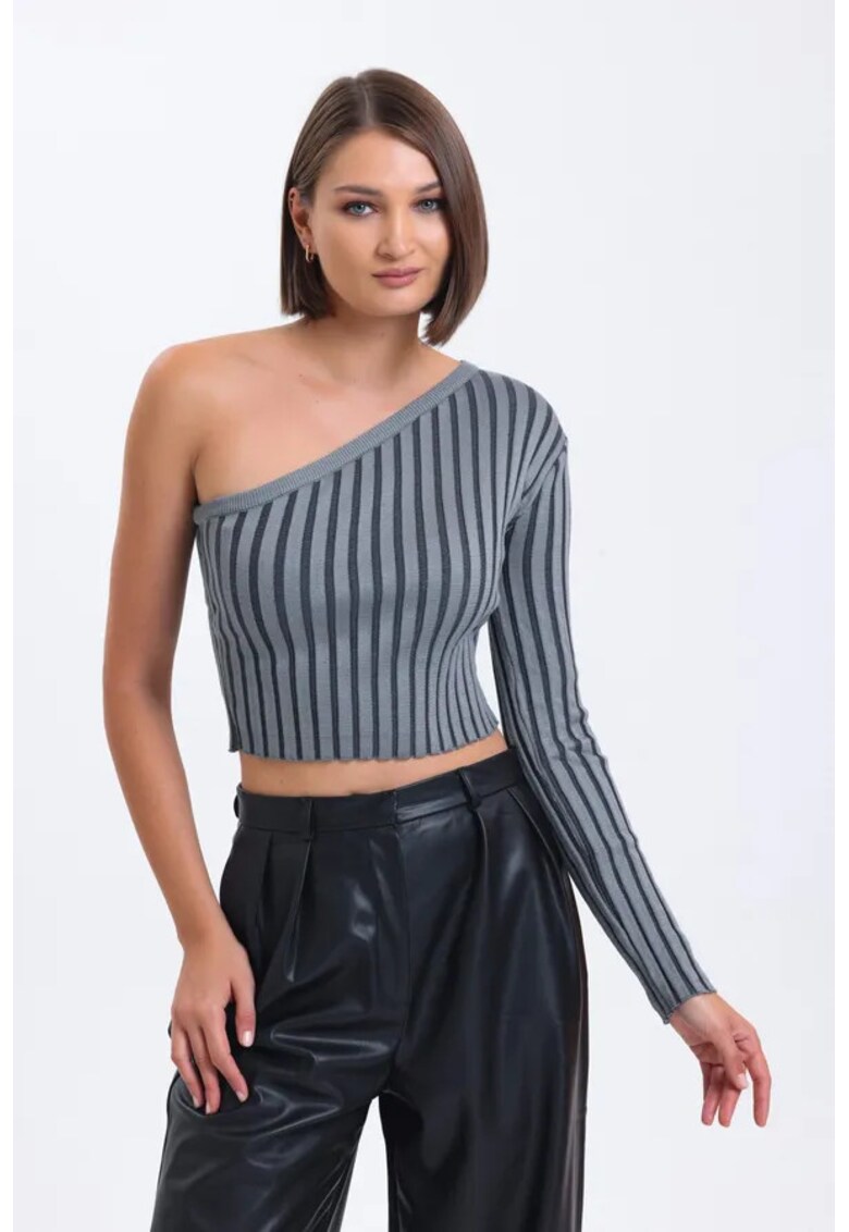 Pulover dama - bluza scurta - dungi gri ardezie - un umar - jerseu