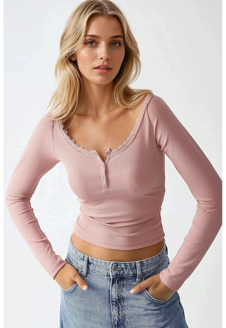 Top - slim fit - maneca lunga - roz - jerseu
