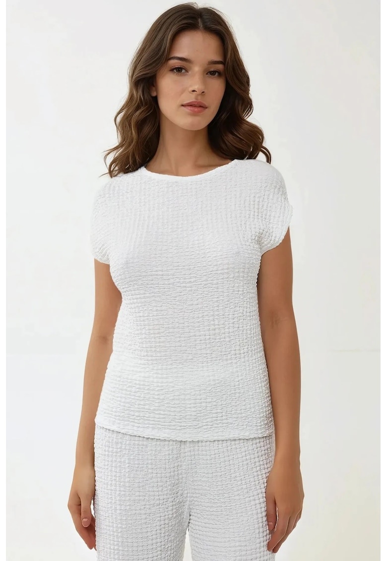 Bluza dama - texturata - guler rotund - maneca scurta - alb - jerseu