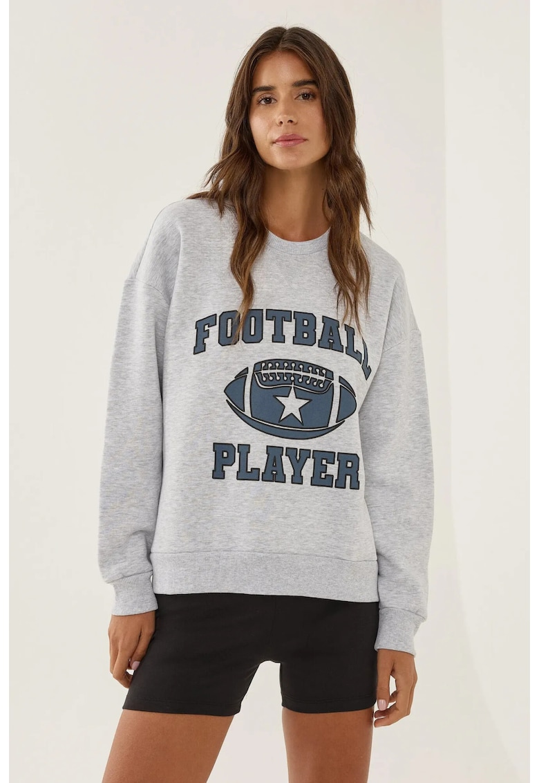 Hanorac dama guler rotund - imprimeu - gri - bumbac