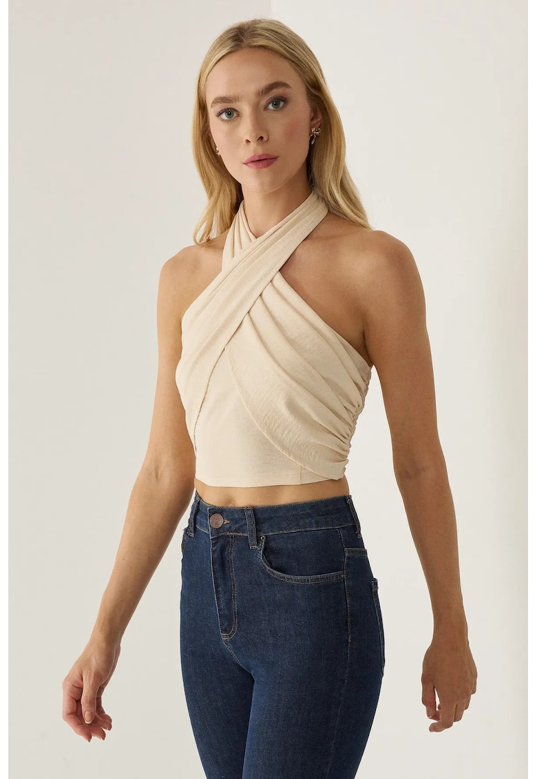 crop top guler choker - bej - viscoza