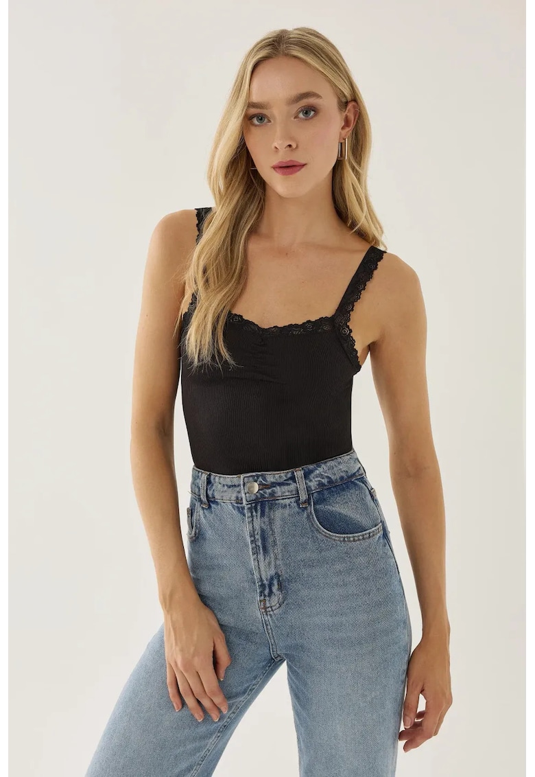 Top scurt cu dantela - negru - jerseu - poliester