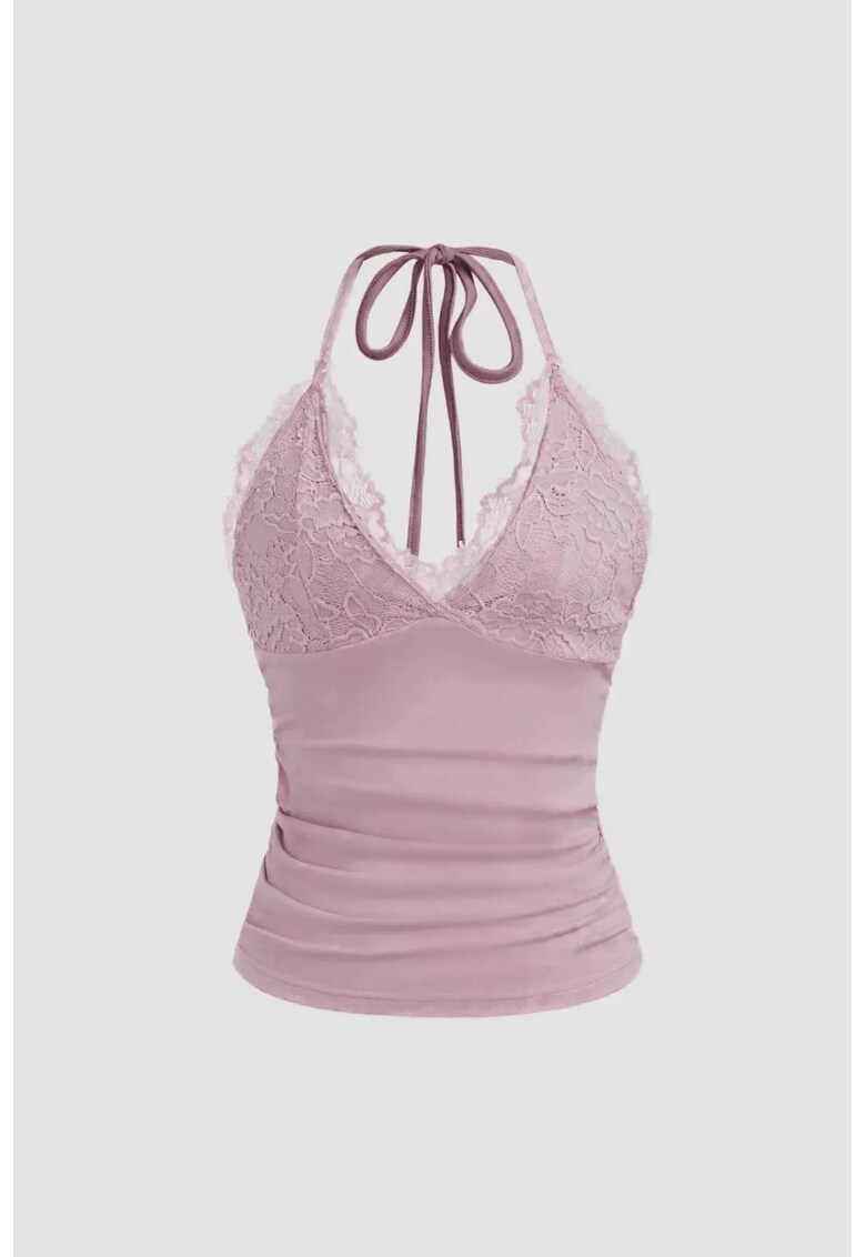 Top Crop Tricotat Detalii de Dantela - Decolteu in V - Roz - Jerseu - Roz neon