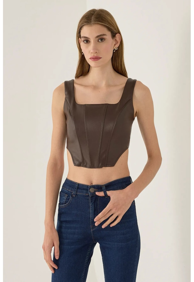 Top corset din piele ecologica - bretele groase - maro - textil