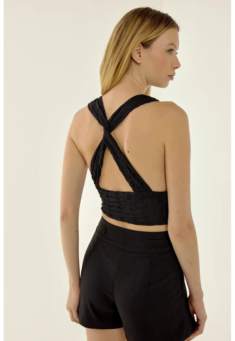 Top Crop Top Decolteu in V - Spate Incrucisat - Negru - Poliester