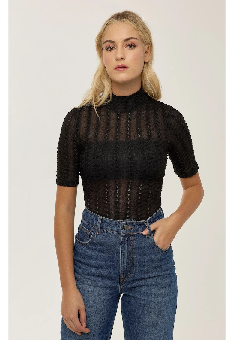 Top - texturat cu guler inalt - negru - jerseu poliester
