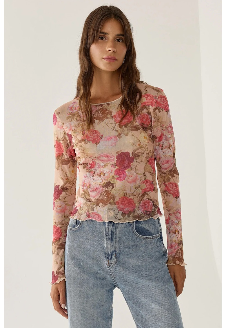 Bluza dama - guler rotund - imprimeu - roz - poliester - Roz neon