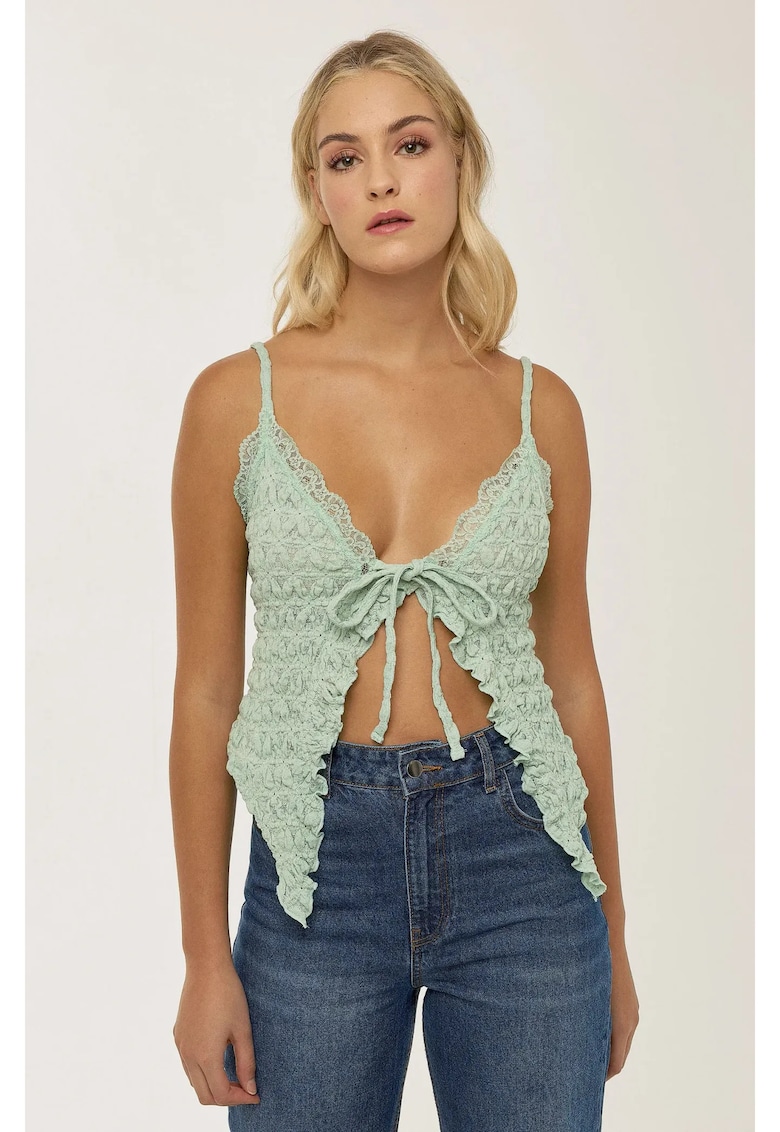 Top scurt dantela texturata - decolteu in V - verde - poliester