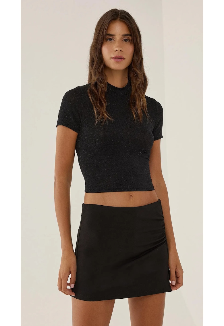 Top scurt tricotat - guler inalt - negru - jerseu|nylon -