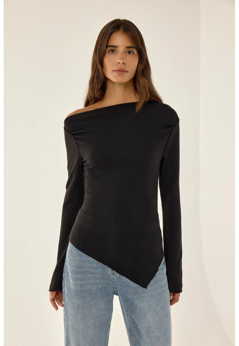 Top dama - asimetric - cu nervuri - negru - jerseu