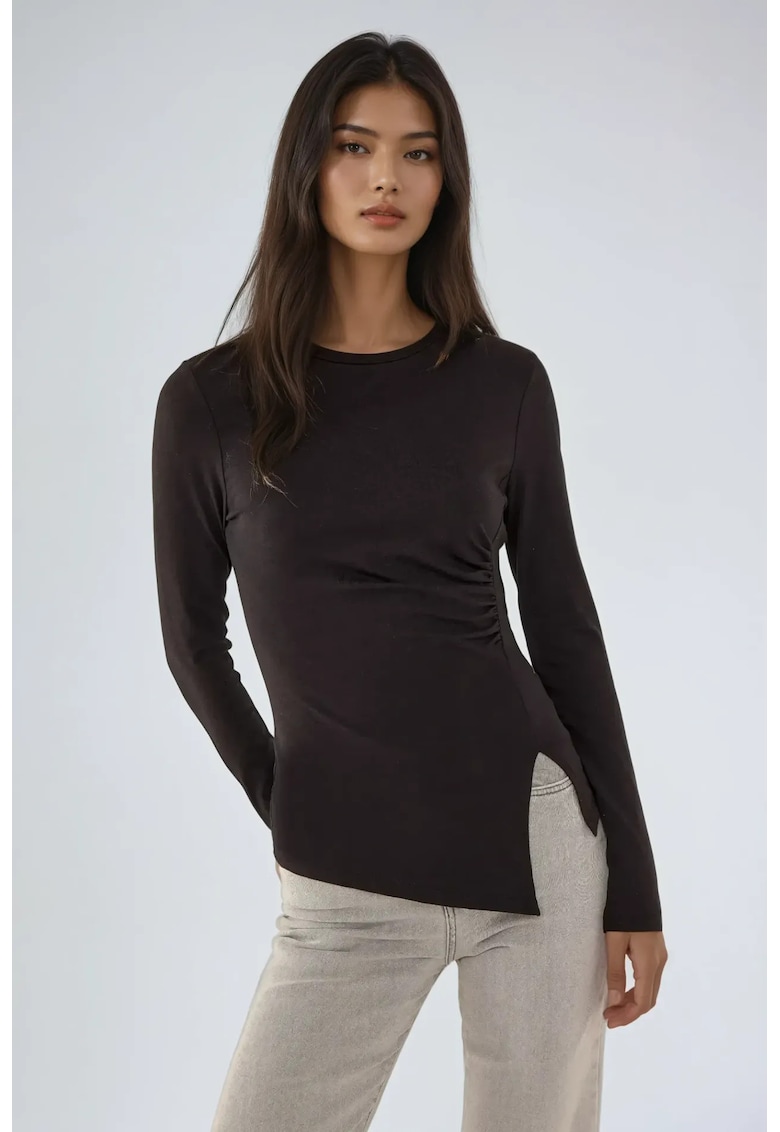 Bluza asimetrica - maneca lunga - guler rotund - neagra - poliester-acril