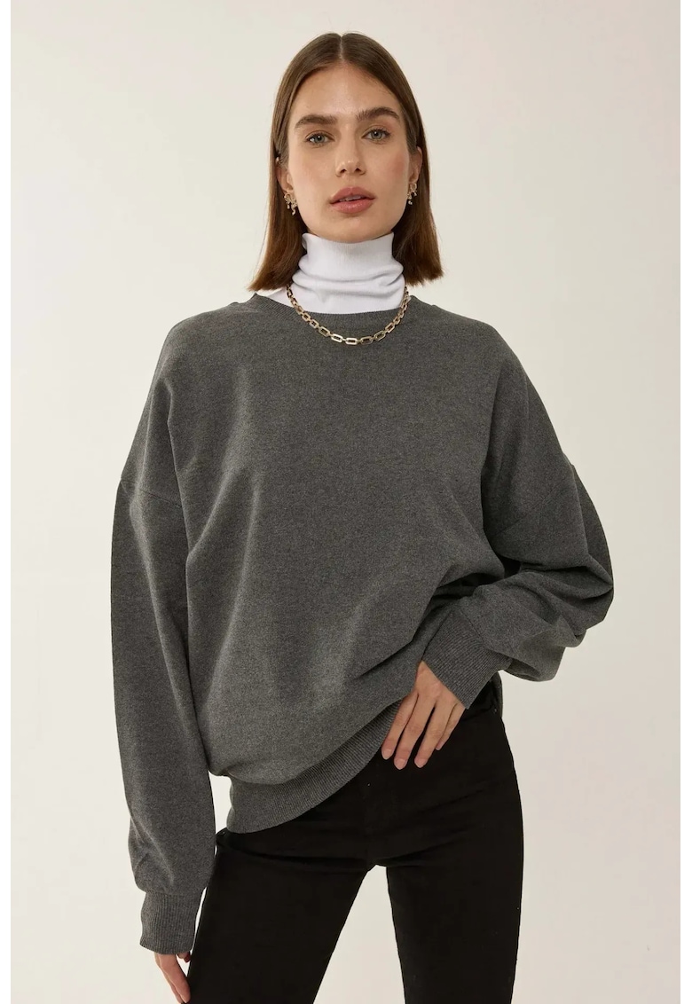 Hanorac dama basic supradimensionat - guler rotund - gri - bumbac