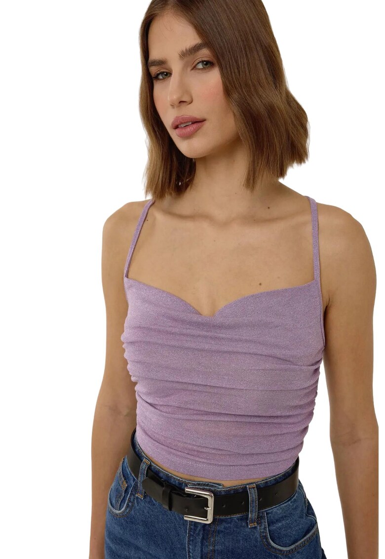 Maiou Crop tricotat cu sclipici - decolteu asimetric - violet - poliester