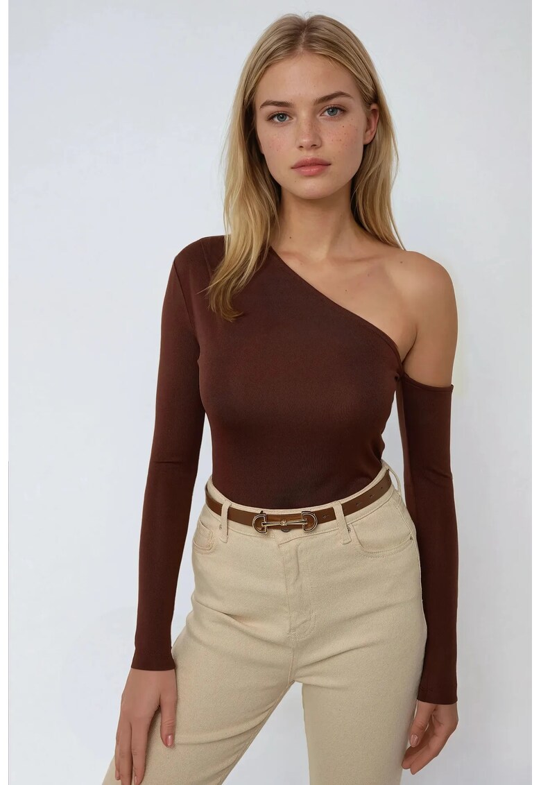 Bluza dama -  body drapat cu guler asimetric - slim fit - maro - poliester