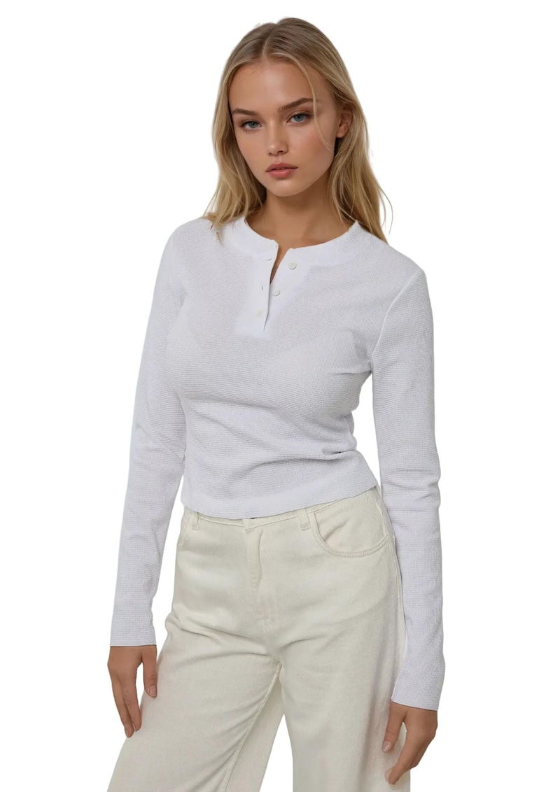 Bluza dama cu maneca lunga - guler rotund - alb - jerseu poliester