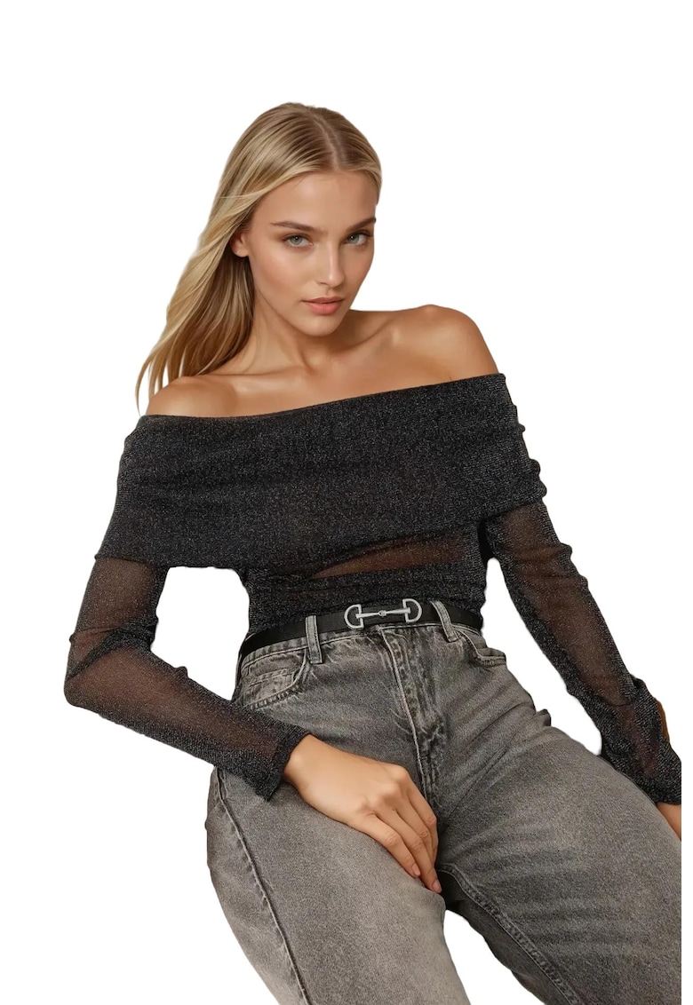 Bluza dama -  din tul - cu umeri goi - neagra - poliester