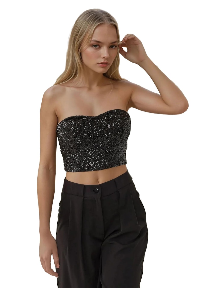 Top - top scurt cu paiete - guler inima - negru - poliester