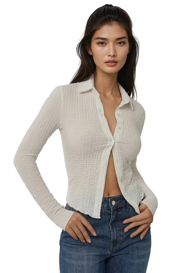 Top - texturat - maneca lunga - slim fit - alb - poliester