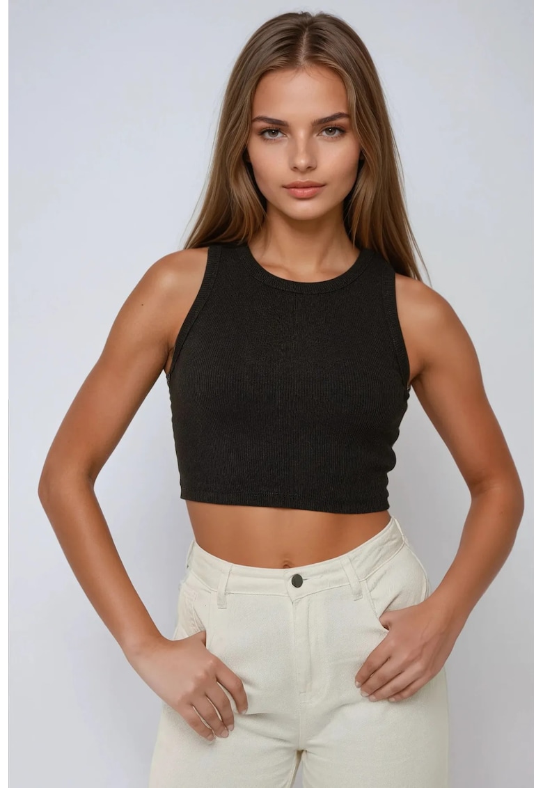 Maiou Crop tricotat - decolteu halter - negru - bumbac