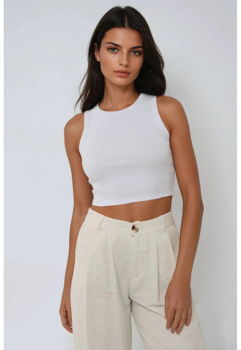 Maiou scurt tricotat - decolteu halter - alb - jerseu -