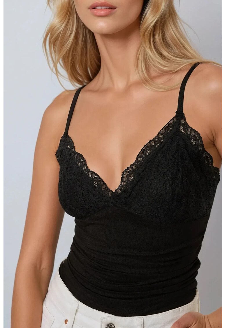 Maiou - cu decolteu in V - detalii din dantela - negru - viscoza