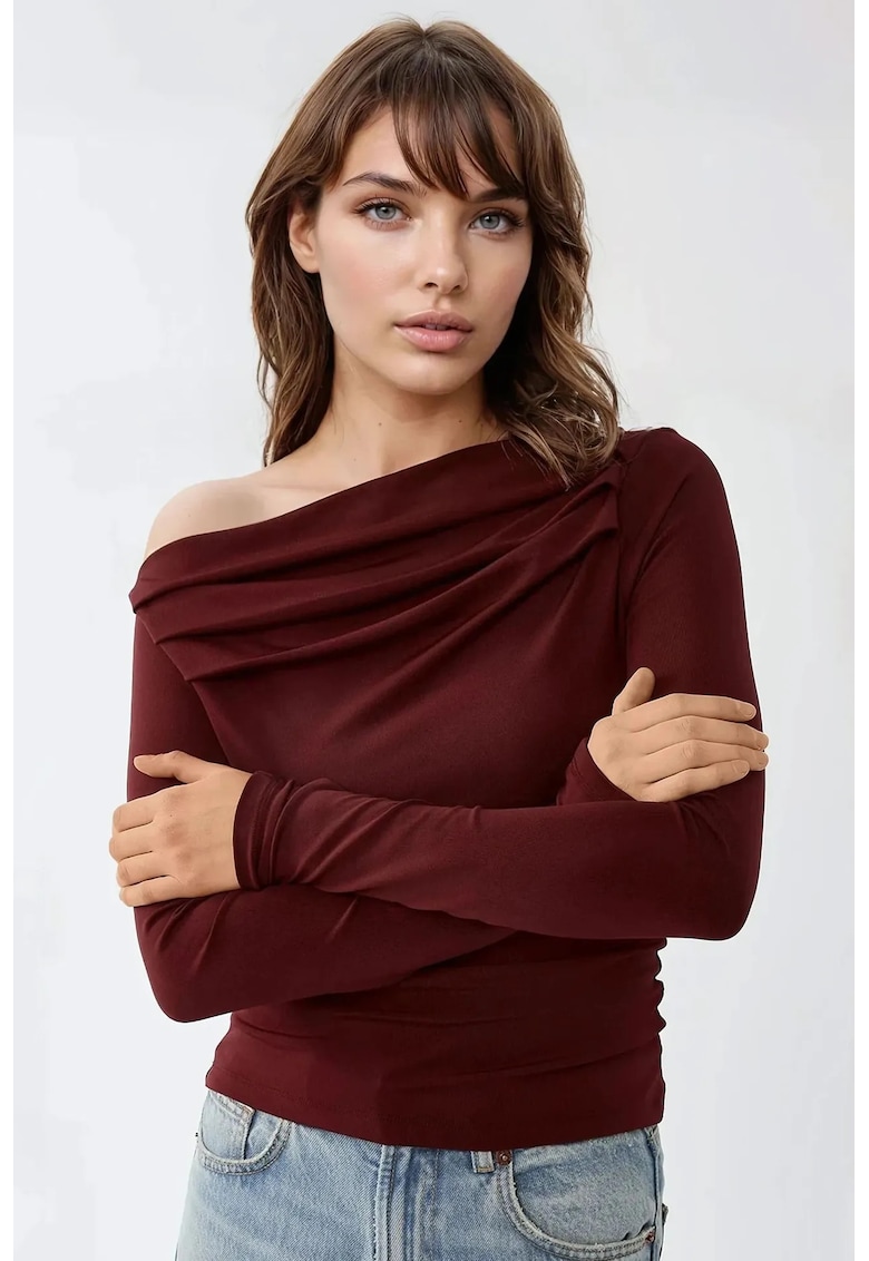 Top dama - texturat - guler asimetric - rosu - bumbac