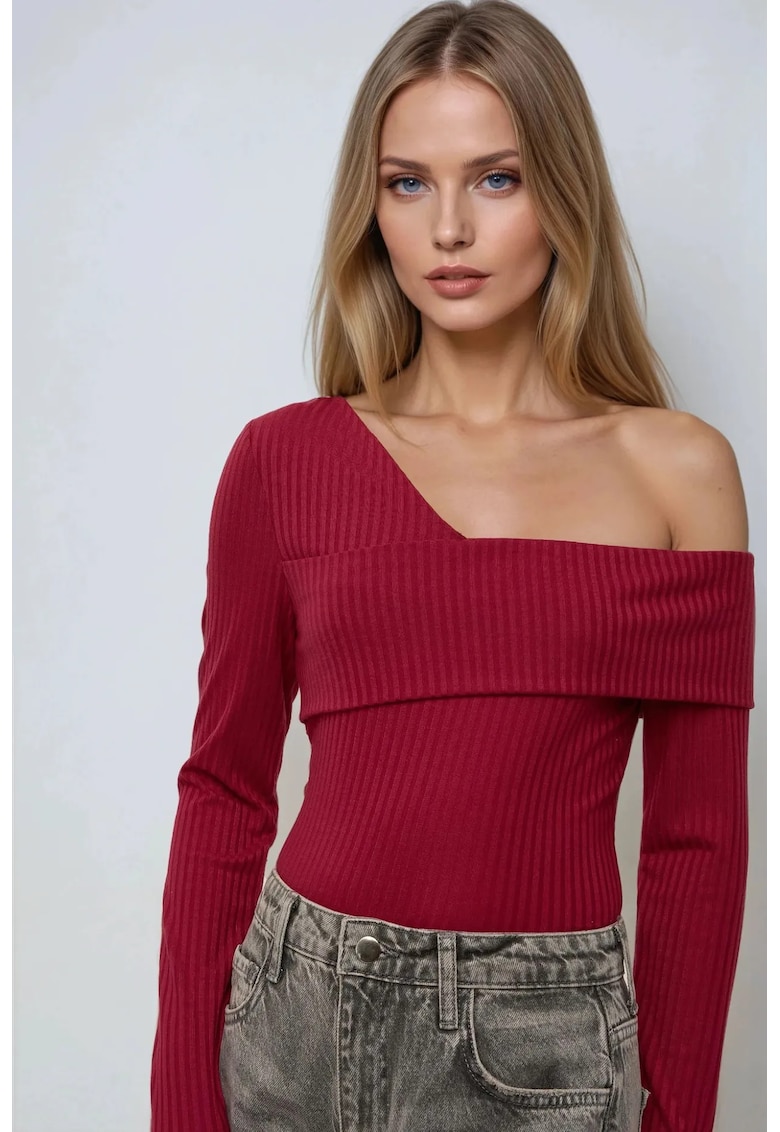 Top - top tricotat texturat - guler asimetric - rosu - bumbac
